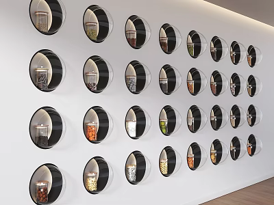 Exhibition Hall Culture Wall Featuring Circular Display Windows and Arranged Items on White Wall 3d model