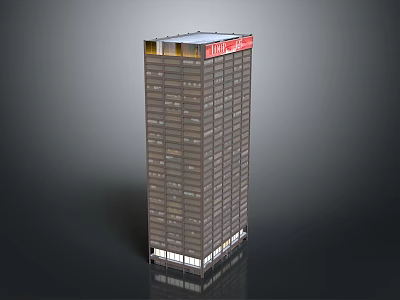 High Rise Office Building With Many Windows Red Sign On Top And White Base 3d model