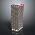 High Rise Office Building With Many Windows Red Sign On Top And White Base