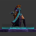 Orange Haired Game Character In Purple Blue Outfit Holding Dual Swords On Glowing Hexagonal Base
