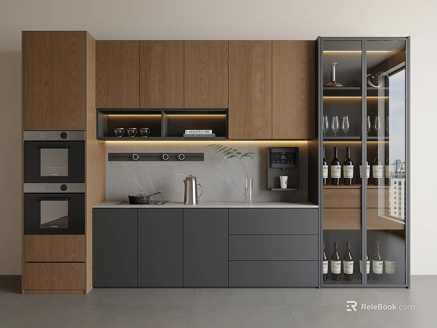 Modern Kitchen Interior With Glass Door Wine Cabinet And Wooden Gray Cabinetry 3d model 