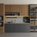 Modern Kitchen Interior With Glass Door Wine Cabinet And Wooden Gray Cabinetry