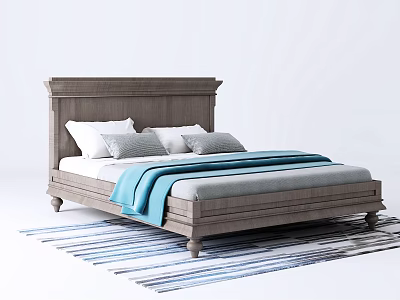 Modern Wooden Double Bed With White Pillows Gray Cushions Blue White Blanket And Striped Rug 3d model