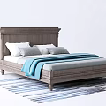 Modern Wooden Double Bed With White Pillows Gray Cushions Blue White Blanket And Striped Rug