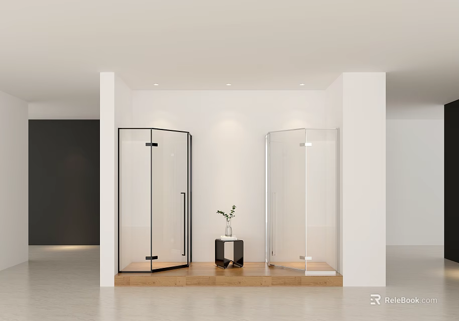 Modern Shower Sauna Design With Glass Enclosures Wooden Platform And Potted Plant 3d model 