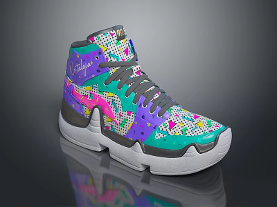 High Top Multicolored Shoes With Colorful Patterns Gray Laces And White Sole 3d model