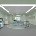 Modern Operating Room With Green Walls Surgical Table Surgical Lights Display Screen And Medical Equipment