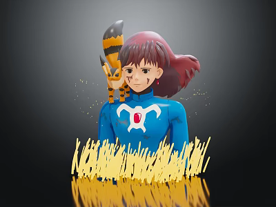 Red Haired Character In Blue Outfit With Yellow Black Striped Creature On Shoulder And Grass 3d model
