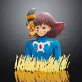Red Haired Character In Blue Outfit With Yellow Black Striped Creature On Shoulder And Grass