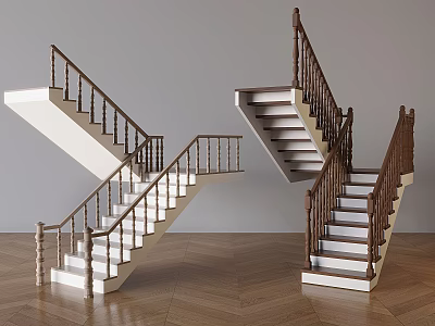 Elegant Modern Interior Stairs Design With Wooden Railings And White Steps 3d model