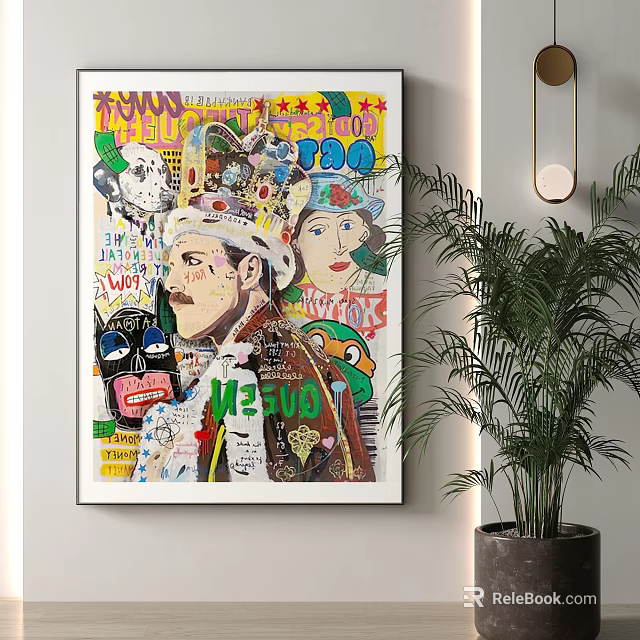 Colorful Collage Art Portrait With Various Elements In Modern Interior With Potted Plant 3d model 
