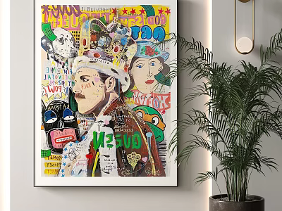 Colorful Collage Art Portrait With Various Elements In Modern Interior With Potted Plant 3d model