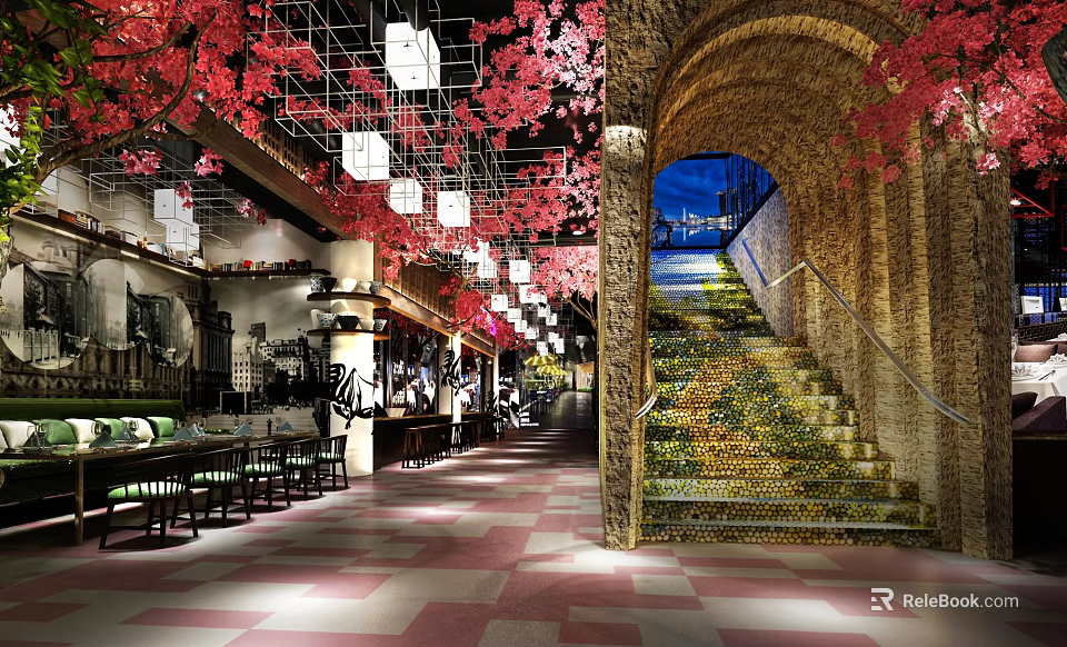 Cherry Blossom Decorated Restaurant Interior With Tables Chairs Arched Structure Staircase And Checkerboard Floor 3d model 