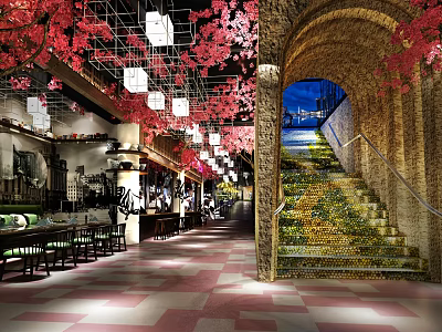 Cherry Blossom Decorated Restaurant Interior With Tables Chairs Arched Structure Staircase And Checkerboard Floor 3d model