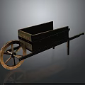 Antique Wooden Stone Wheelbarrow with Large Wooden Wheels and Green Mossy Patina