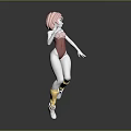 Anime Game Character With Pink Hair Red Bodysuit Yellow Socks White Shoes And Dynamic Pose