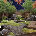 Natural Courtyard Garden Design With Rocks Trees Wooden Fence And Stone Pathway