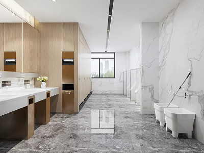 Hotel Bathroom Interior Design with Marble Walls Wooden Cabinets and Double Sinks 3d model