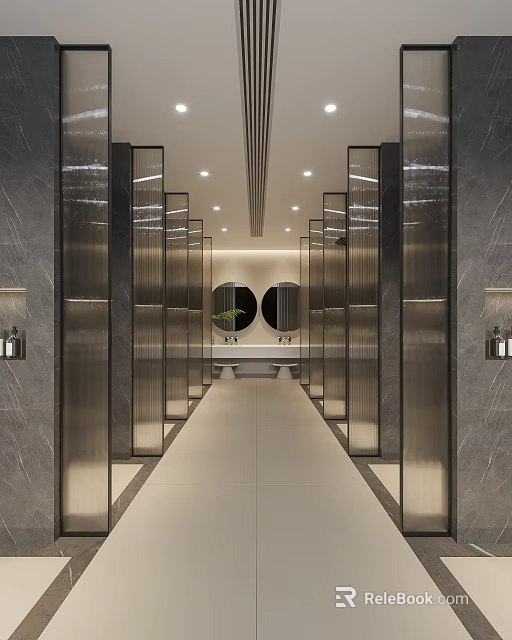 Modern Hotel Bathroom Interior With Marble Walls Double Mirrors And Recessed Lighting 3d model 