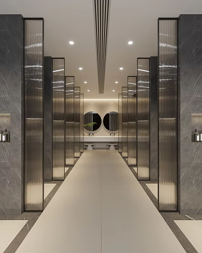Modern Hotel Bathroom Interior With Marble Walls Double Mirrors And Recessed Lighting 3d model