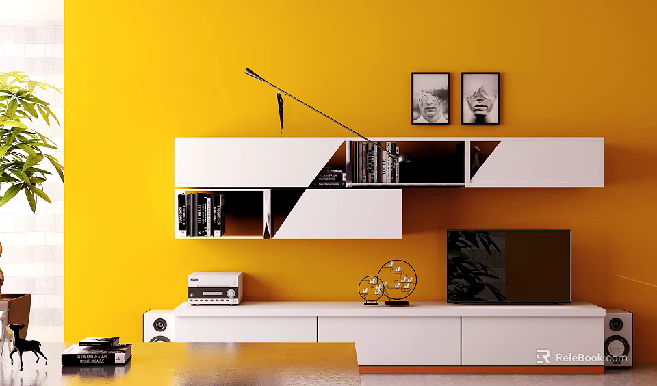 Modern White TV Stand Against Yellow Wall With TV And Decorative Shelves 3d model 