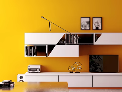 Modern White TV Stand Against Yellow Wall With TV And Decorative Shelves 3d model