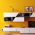 Modern White TV Stand Against Yellow Wall With TV And Decorative Shelves