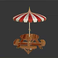 Outdoor Wooden Picnic Table Furniture With Round Tabletop Red White Striped Umbrella And Benches