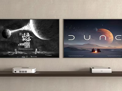 Two Wall Mounted TVs Displaying Space Scene And Dune Desert With Devices Below 3d model