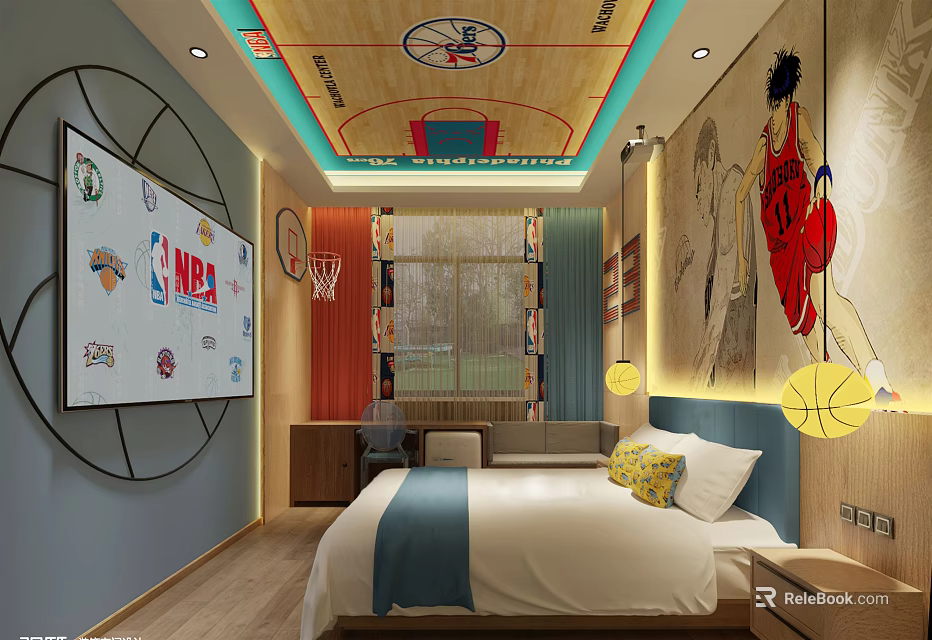 Basketball Themed Hotel Guest Room With Court Style Ceiling NBA Logo TV And Mural 3d model 