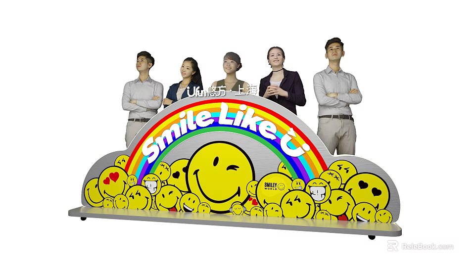 Vibrant Smile Like C Launch Device With Rainbow Smiley Faces And Standing People 3d model 
