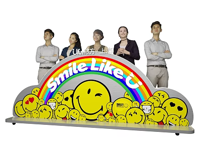 Vibrant Smile Like C Launch Device With Rainbow Smiley Faces And Standing People 3d model