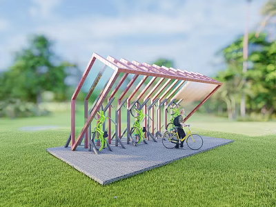 Outdoor Bike Shelter With Parked Bicycles And Person Riding Bicycle On Green Grass 3d model