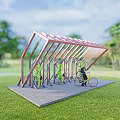 Outdoor Bike Shelter With Parked Bicycles And Person Riding Bicycle On Green Grass