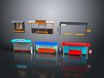 Different Style Bus Stop Structures In Various Colors With Seats And Roofs 3d model