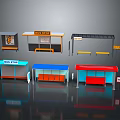 Different Style Bus Stop Structures In Various Colors With Seats And Roofs