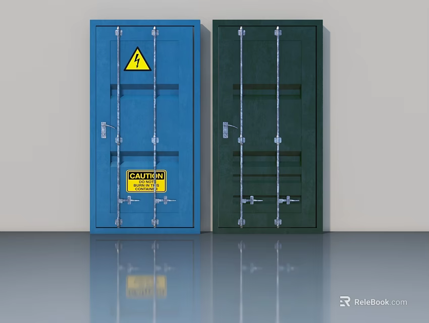 Blue And Dark Green Swing Doors With Warning Signs Metal Hinges And Locks 3d model 