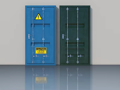 Blue And Dark Green Swing Doors With Warning Signs Metal Hinges And Locks 3d model