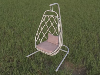 White Woven Swing Chair With Pink Cushion In Green Grass Field 3d model