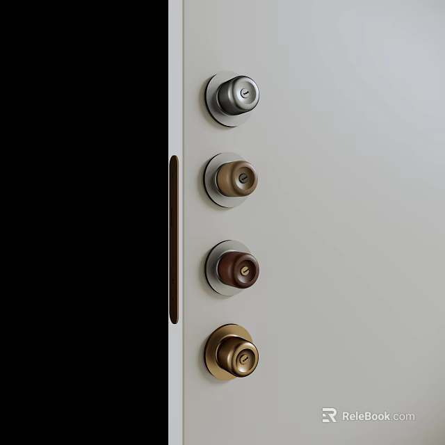 Various Metal Door Knobs in Different Tones on Light Gray Door Panel 3d model
