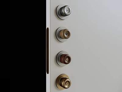 Various Metal Door Knobs in Different Tones on Light Gray Door Panel 3d model