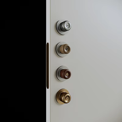 Various Metal Door Knobs in Different Tones on Light Gray Door Panel 3d model