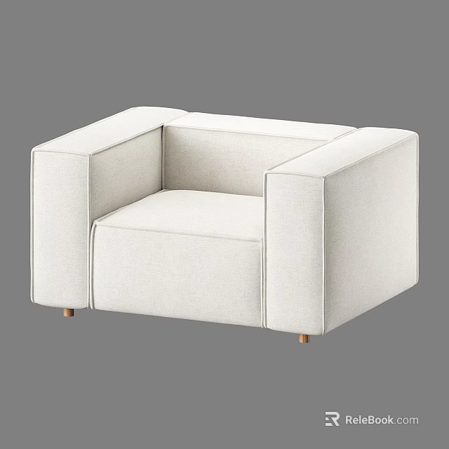 White Modern Single Sofa With Square Armrests And Wooden Legs Design 3d model
