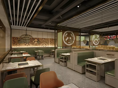 Modern Restaurant Interior With Booth Seating Tables And Decorative Wall Motifs 3d model
