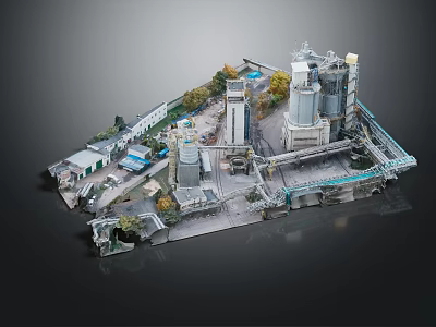 Modern Industrial Site Scene With Silos Conveyor Belts Trucks Buildings And Trees 3d model