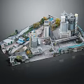 Modern Industrial Site Scene With Silos Conveyor Belts Trucks Buildings And Trees