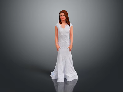 Elegant Formal White Long Dress With Short Sleeves And Delicate Lace Design 3d model