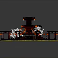 Traditional Japanese Pavilion With Black Roof Red Lanterns White Cherry Blossom Trees And Circular Path