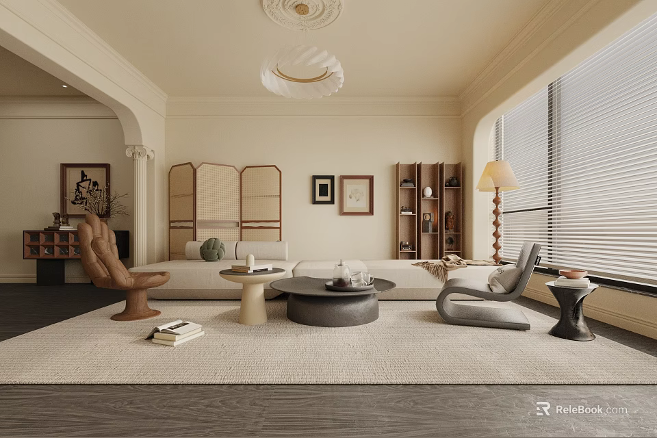 Modern Elegant Beige Living Room With Arched Door Room Divider Round Coffee Table and Floor Lamp 3d model 
