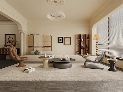 Modern Elegant Beige Living Room With Arched Door Room Divider Round Coffee Table and Floor Lamp 3d model